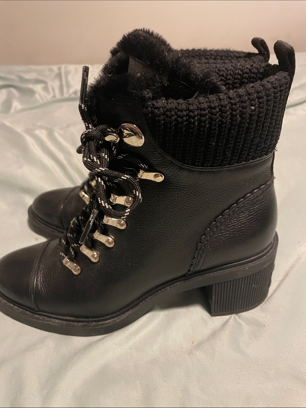 kate spade Black Knit-Cuff Lace-Up Ankle Boots with Faux Fur Trim